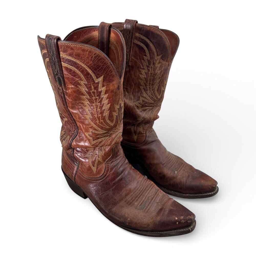 1883 Lucchese N1547 Mad Dog Snip Toe Cowboy Boots Brown Goat Leather Mens 9 2E